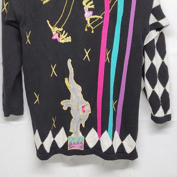 Vintage Womens Sweater One Size Plus Circus Whimsical Embroidered Chain Beads - Picture 3 of 15
